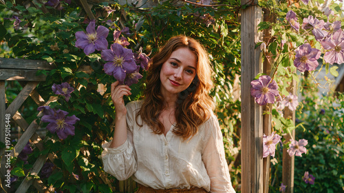 Young woman smiling and posing by purple flowers in garden  