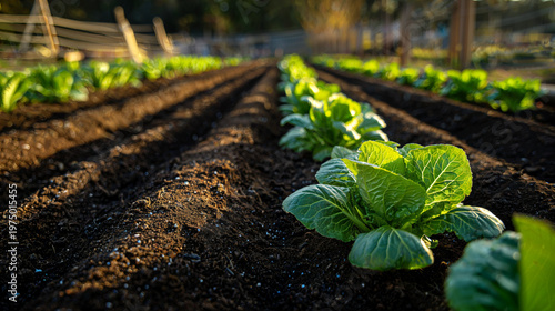 Fresh green lettuce growing in rows on fertile soil in garden  