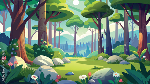A serene and vibrant cartoon illustration of a lush forest clearing with soft sunlight streaming Vector