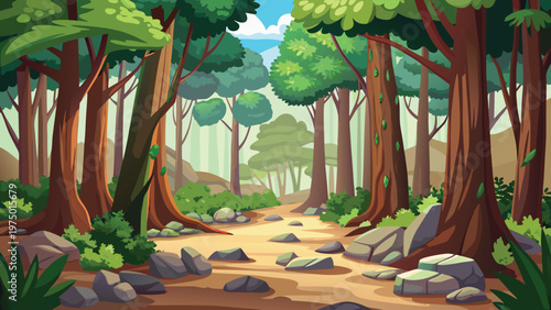 A serene and vibrant digital illustration of a peaceful forest path winding through tall trees Vector