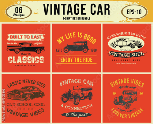 Vintage Car T-shirt Designs, Classic Retro Automobile Vector Illustrations Graphics.