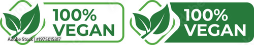 Set of two green '100% VEGAN' vector labels with leaf graphic icon