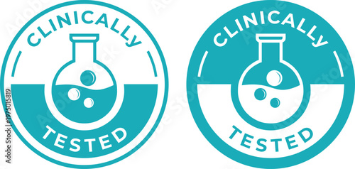 Set of Two Modern Turquoise Vector 'CLINICALLY TESTED' Labels with Flask Icon Isolated