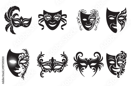 Elegant masquerade masks collection featuring various ornate designs with feathers and intricate floral patterns for carnival venetian balls and theatrical performances vector set