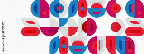 Abstract geometric shapes, vibrant colors, playful design. Red, blue, gray elements create dynamic composition. Modern aesthetic.