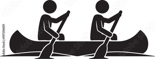 Black silhouette of two people rowing a canoe