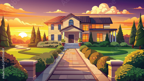 A serene suburban residence nestled in a peaceful landscape under a vibrant and golden sunset sky Vector