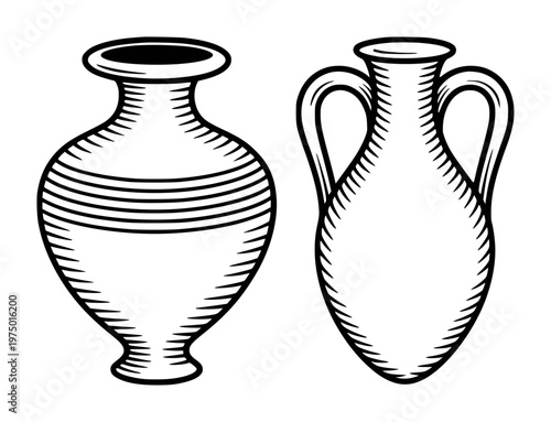Ancient Greek amphorae depicted as black line a white background vase pottery