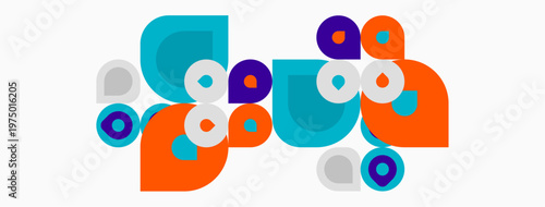 Abstract geometric shapes, circles, squares, vibrant colors. Modern design, playful composition, simple forms, clean aesthetic.