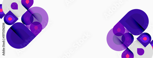 Abstract purple shapes overlap white background. Minimalist design features rounded forms, creating modern visual effect.