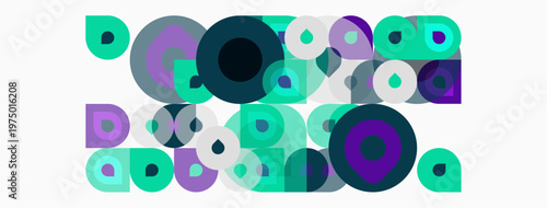 Abstract geometric composition. Circles, squares overlap creating vibrant pattern. Teal, purple dominate color scheme. Modern design.