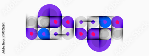 Abstract geometric shapes, purple, blue, pink colors. Overlapping circles, squares create modern design. Minimalist composition.