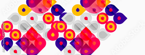 Abstract colorful shapes repeat across white background. Circles, squares, teardrops create dynamic pattern. Vivid hues dominate composition.
