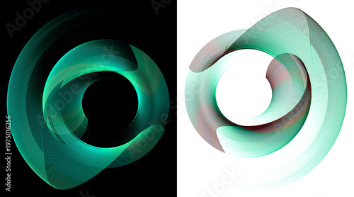 Abstract green striped wavy rounded blades on black and white backgrounds. Icon, logo, symbol, sign. Set. 3D rendering. 3D illustration.