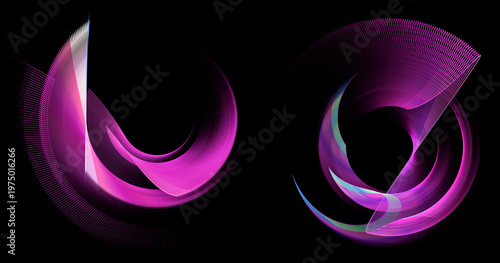 Two abstract purple propellers, with variously curved striped blades, on a black background. Icon, logo, symbol, sign. Set. 3D rendering. 3D illustration.