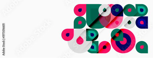 Abstract colorful circles, squares overlap. Modern design, vibrant hues create dynamic composition. Minimalist aesthetic, playful geometry.