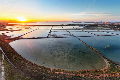 Εκτύπωση καμβά Sunset over salt flats and coastal lagoon in La Manga Murcia Spain