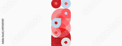 Abstract composition. Overlapping circles create vertical form. Red, pink, light blue hues dominate white background. Minimalist design.