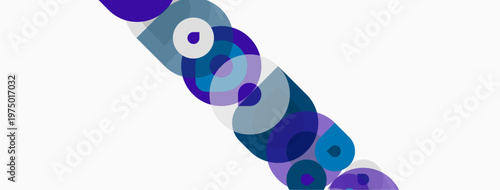 Abstract circles overlap, creating diagonal pattern. Shades range from light to dark purple, blue hues dominate composition. Minimalist design.