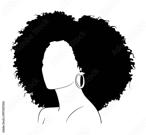 Black woman with voluminous afro hair and hoop earring minimalist line silhouette