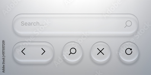 Search bar and control buttons in liquid glass morphism style. UI element set with frosted glass effect for website interface. Modern digital navigation design for application concept.