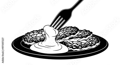 Pancakes with Sour Cream and Fork Vector Illustration