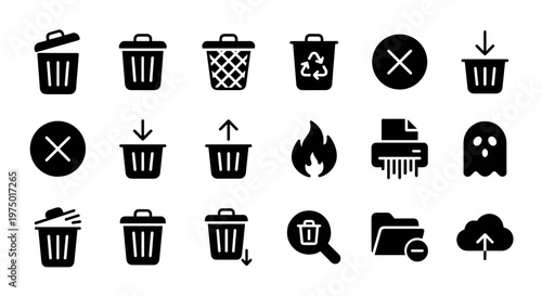 Filled delete trash ui icons set for app interface file removal and recycle concept