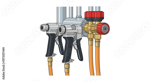 Industrial Spray Gun System with Control Valves and Orange Hoses