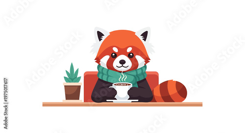 Cute Red Panda Wearing Scarf Drinking Hot Coffee Illustration