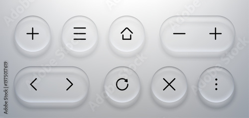 Set of interface buttons with liquid glass morphism effect. Frosted glass ui elements with navigation icons. Digital design for mobile application and website web development interface kit.