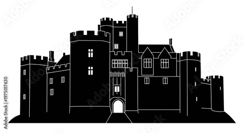 Medieval Castle Fortress Silhouette Isolated on White Background