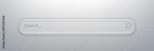 Search bar with liquid glass morphism effect. Modern interface element with frosted translucent style and blur background to browsing web. Clean ui design for app, desktop or mobile.