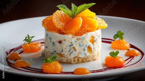 A gourmet plated individual trifle portion with artistic orange segments