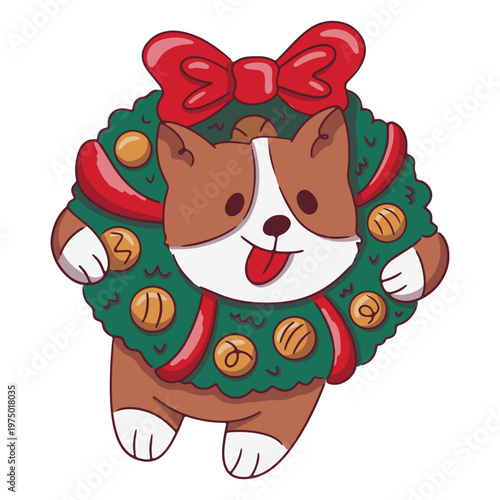 Cute corgi playing with a festive holiday wreath