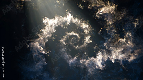 Abstract spiral pattern formed by swirling smoke illuminated by beams of light against a dark background, creating a mystical and ethereal atmosphere