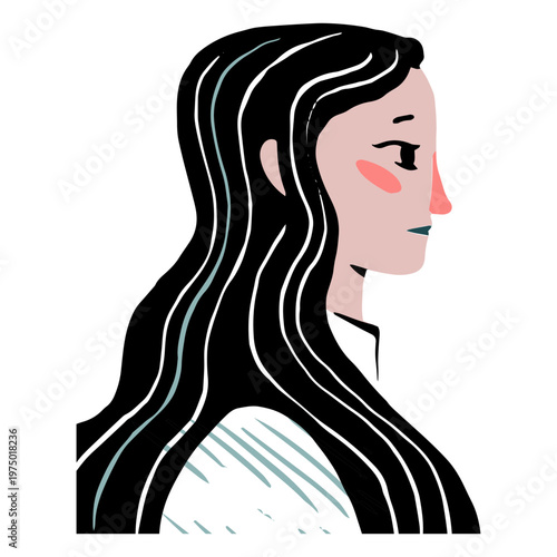 Woman with long black hair in profile