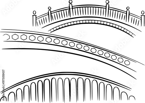 Collection of Stylized Bridge Arches and Railings in Black Outline White Background