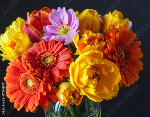A vibrant, close-up photograph showcasing a lush bouquet of various colorful blooms against a dark background, in a clear glass vase