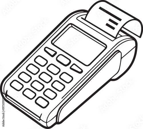 Black and white illustration of a payment terminal with keypad