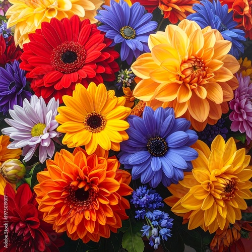 A vibrant, close-up photograph showcasing a lush, colorful arrangement of various blooming flowers. The bouquet overflows with diverse hues