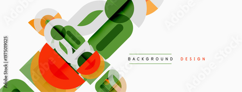 Abstract geometric shapes overlap, creating dynamic composition. Green, orange, beige colors dominate design. Minimalist style.