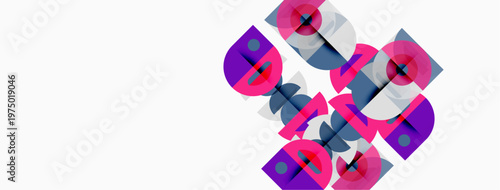 Abstract geometric design. Pink, purple, gray shapes overlap creating complex pattern. Minimalist style, clean lines, modern aesthetic.
