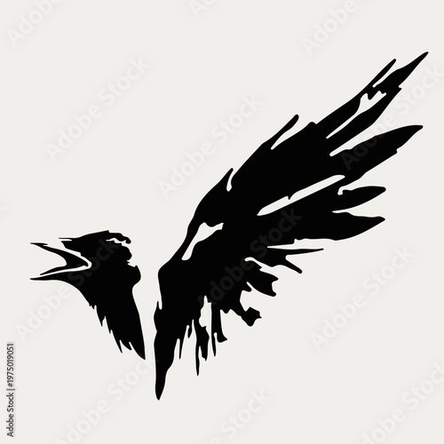 Black silhouette vector illustration of a flying raven with open beak tattoo isolated on white