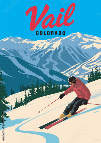 Vail Ski Resort Colorado travel poster, vintage vector illustration, mountain landscape, winter sports destination, alpine scenery, snowy peaks, tourism design