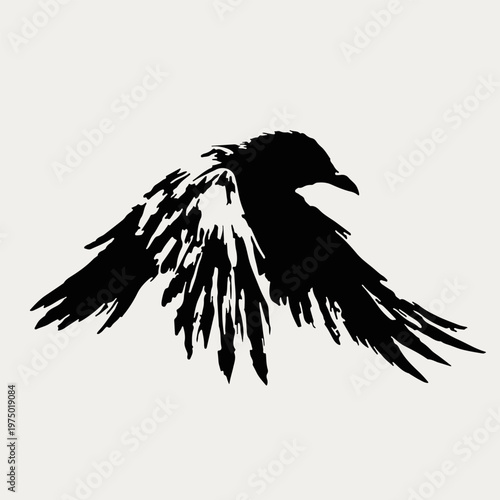 Black raven silhouette flying. Vector illustration crow bird tattoo design on white background