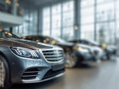Luxury sedan cars lined up inside a modern dealership showroom with glossy finishes and large glass windows showcasing premium vehicles for sale