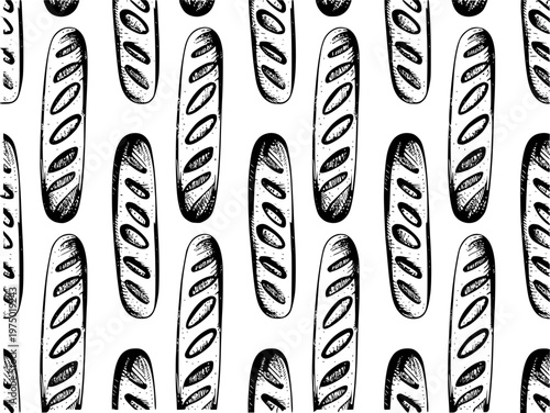 Hand Drawn Black And White Baguette Bread Pattern White Background food bakery