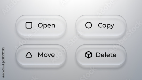 Interface buttons with text labels in liquid glass morphism style. Soft frosted translucent shapes with icons for open, copy, move and delete commands. Web design element for UI application.