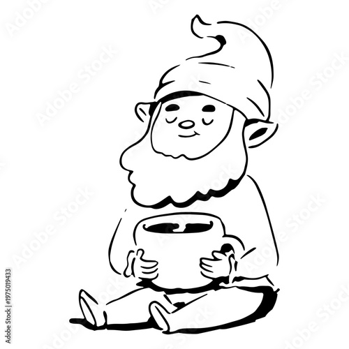 Hand-drawn gnome drinking a cup of coffee