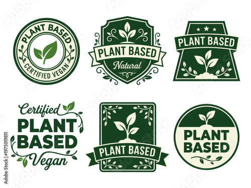 Plant based product label emblem set: organic sprouting seedling badges, botanical certification icons.